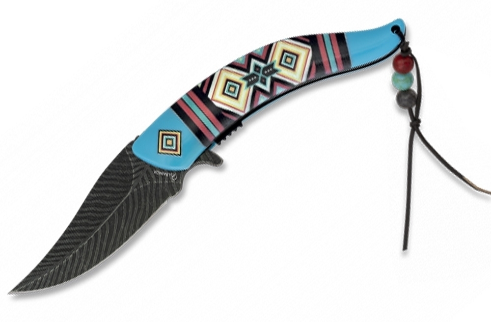 verziehrtes Taschenmesser bl Indianer Feder Design mit Perlen-Band 