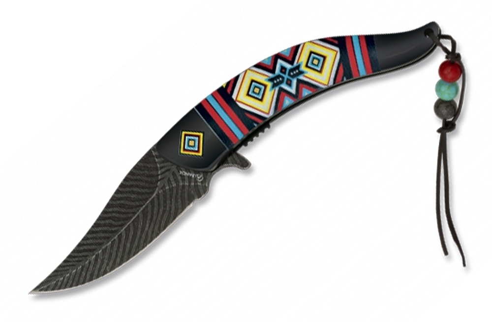 verziehrtes Taschenmesser Indianer Feder Design mit Perlen-Band 