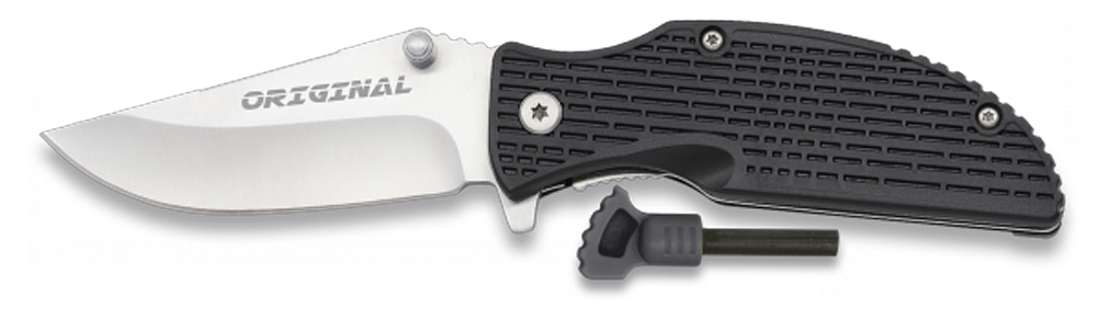 Outdoor Taschenmesser schwarz mit Feuerstarter im Griff, Survival  