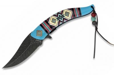 verziehrtes Taschenmesser bl Indianer Feder Design mit Perlen-Band 